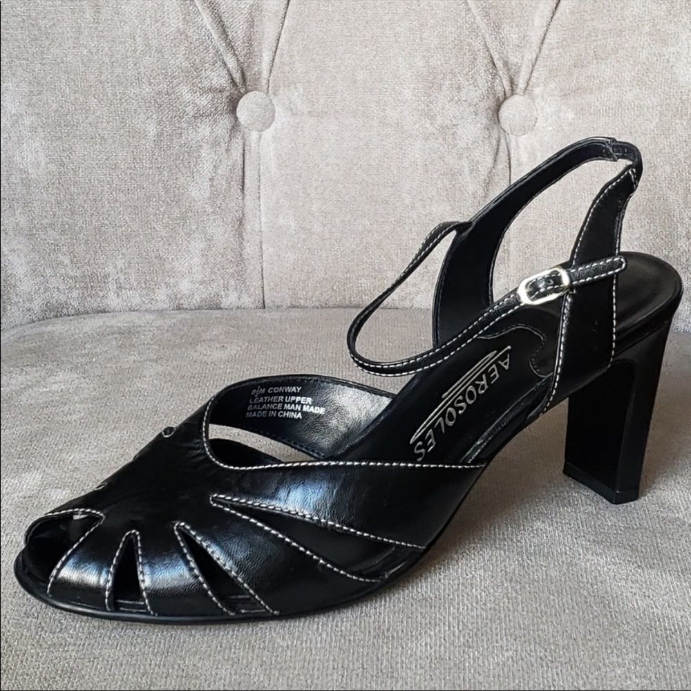 Aerosoles Conway Black Leather Peep-Toe Ankle Strap Sandal Heel, 10